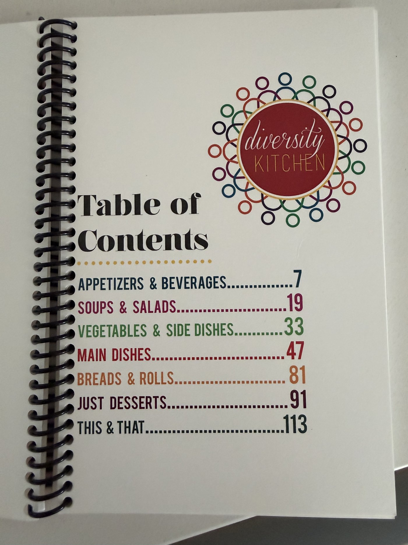 Table of contents showing sections: Appetizers & Beverages, Soups & Salads, Vegetables & Side Dishes, Main Dishes, Breads & Rolls, Just Desserts, This & That
