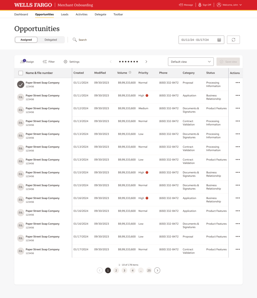 Opportunities list view with sortable columns and status tracking